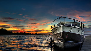 black and white boat trailer, sunset, boat, HDR, lake