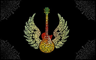 green, yellow, and red winged guitar illustration, typography
