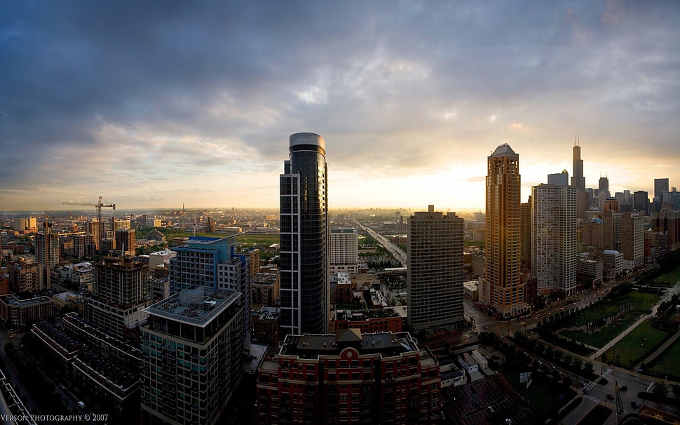fish-eye lens aerial photography of high-rise buildings during golden hour HD wallpaper