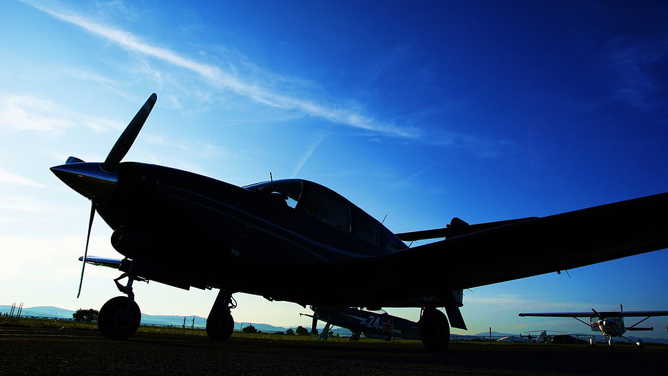 silhouette photo of jet, airplane, aircraft, propeller HD wallpaper