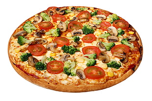 tomato, broccoli, and mushroom pizza