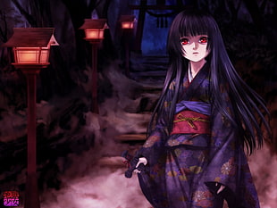 female anime wearing black and purple kimono dress