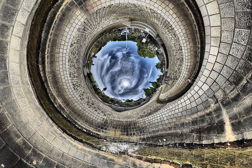 black and gray car wheel, architecture, building, panoramic sphere, clouds HD wallpaper