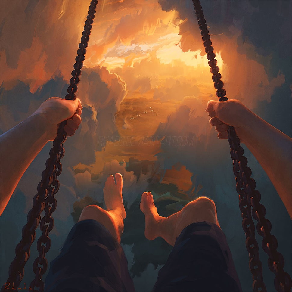 brown and black wooden table, clouds, sunset, chandeliers HD wallpaper