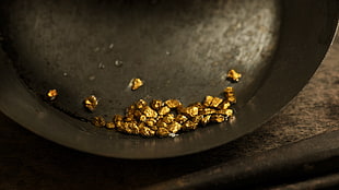 plate of gold pieces, gold, mineral