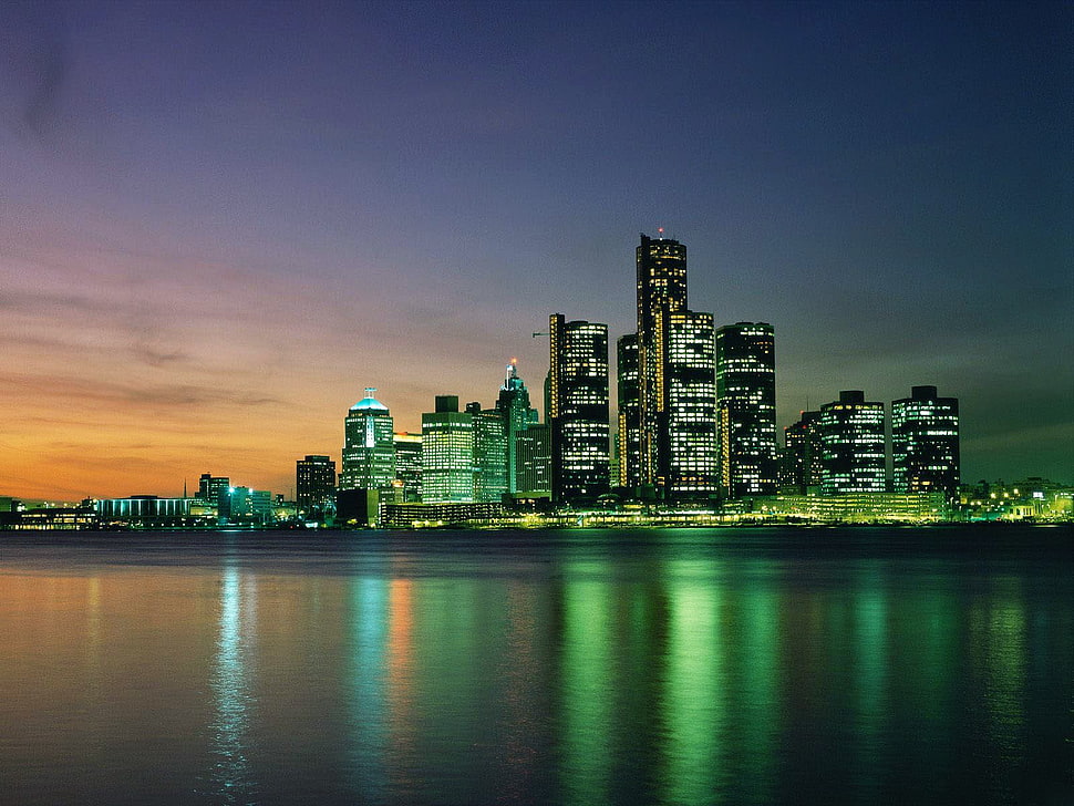 city buildings, town, water, lights, reflection HD wallpaper