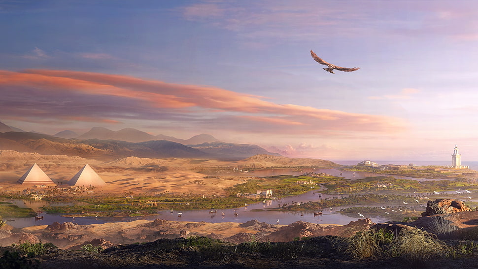 brown pyramid illustration, video games, landscape, Egypt, eagle HD wallpaper