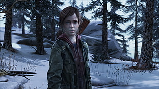 3D game application screenshot, The Last of Us, apocalyptic, winter, Ellie