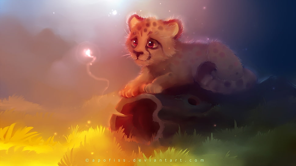 brown lion cub illustration, Apofiss, cheetahs, artwork, baby animals HD wallpaper