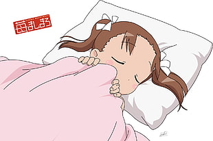 girl anime character sleeping with pink blanket illustration