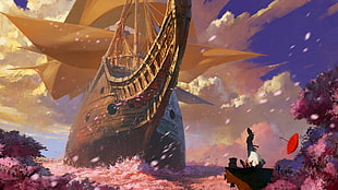 galleon painting wallpaper, boat, blossoms, sea, clouds