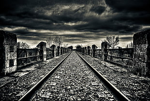 grayscale photo of railway
