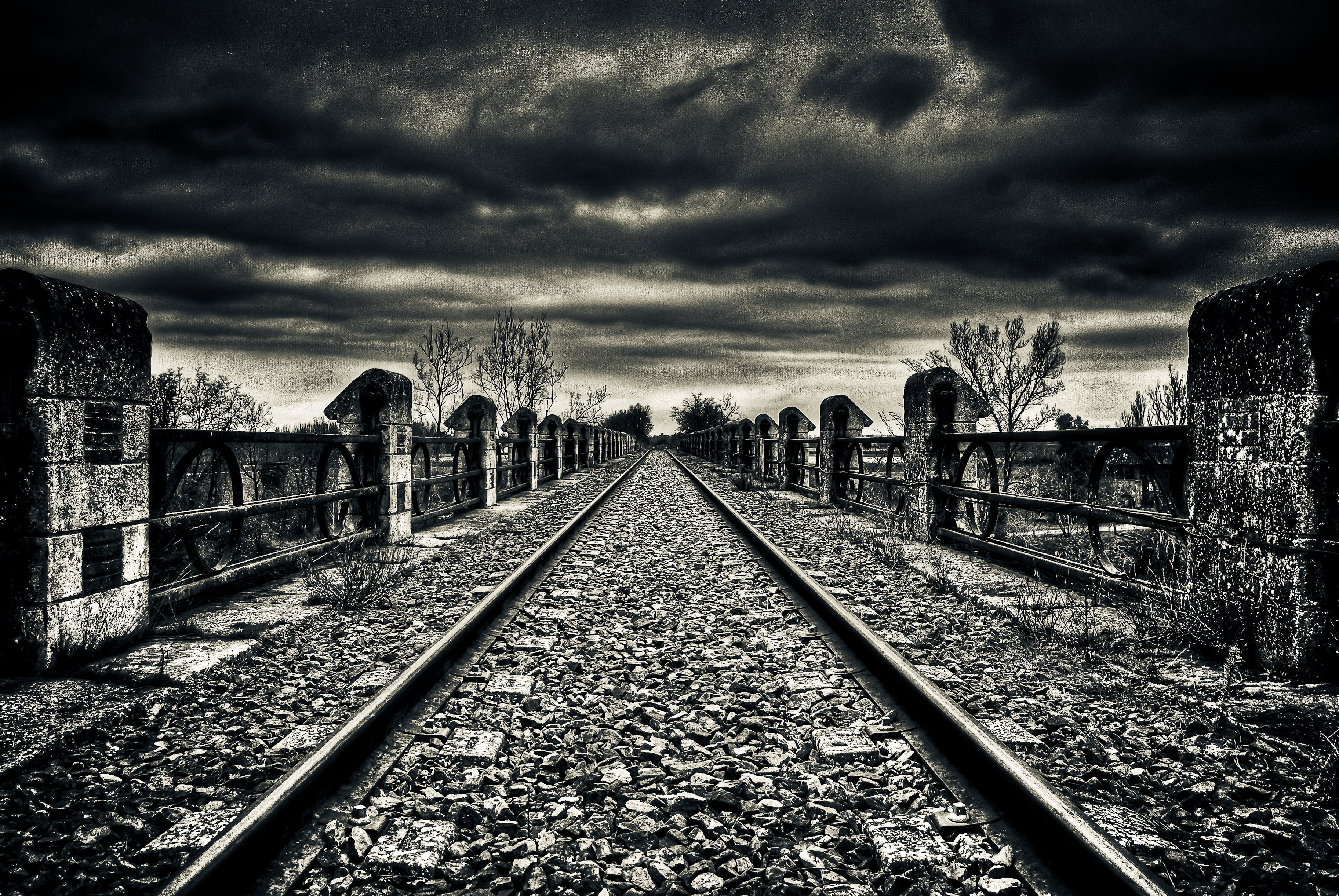 grayscale photo of railway