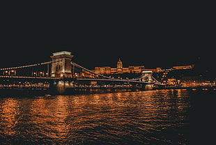 bridge with lights, city, Budapest, Hungary, night