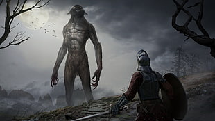knight and monster illustration, fantasy art, dark fantasy, warrior, creature HD wallpaper