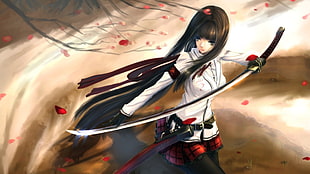 black haired woman holding sword illustration