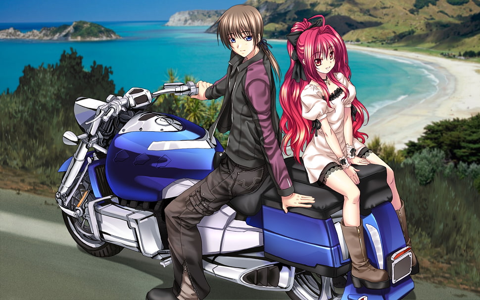 man and woman sitting on motorcycle near the sea manga painting HD wallpaper