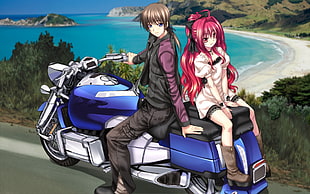 man and woman sitting on motorcycle near the sea manga painting
