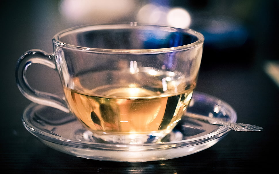 half empty clear glass teacup HD wallpaper