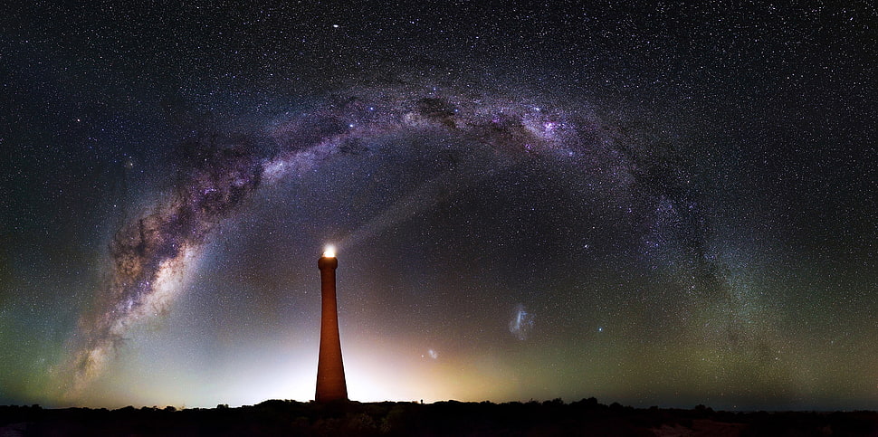 lighthouse painting, lighthouse, night sky, stars, galaxy HD wallpaper