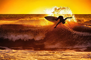 white surfboard, surfing, waves, sunset HD wallpaper