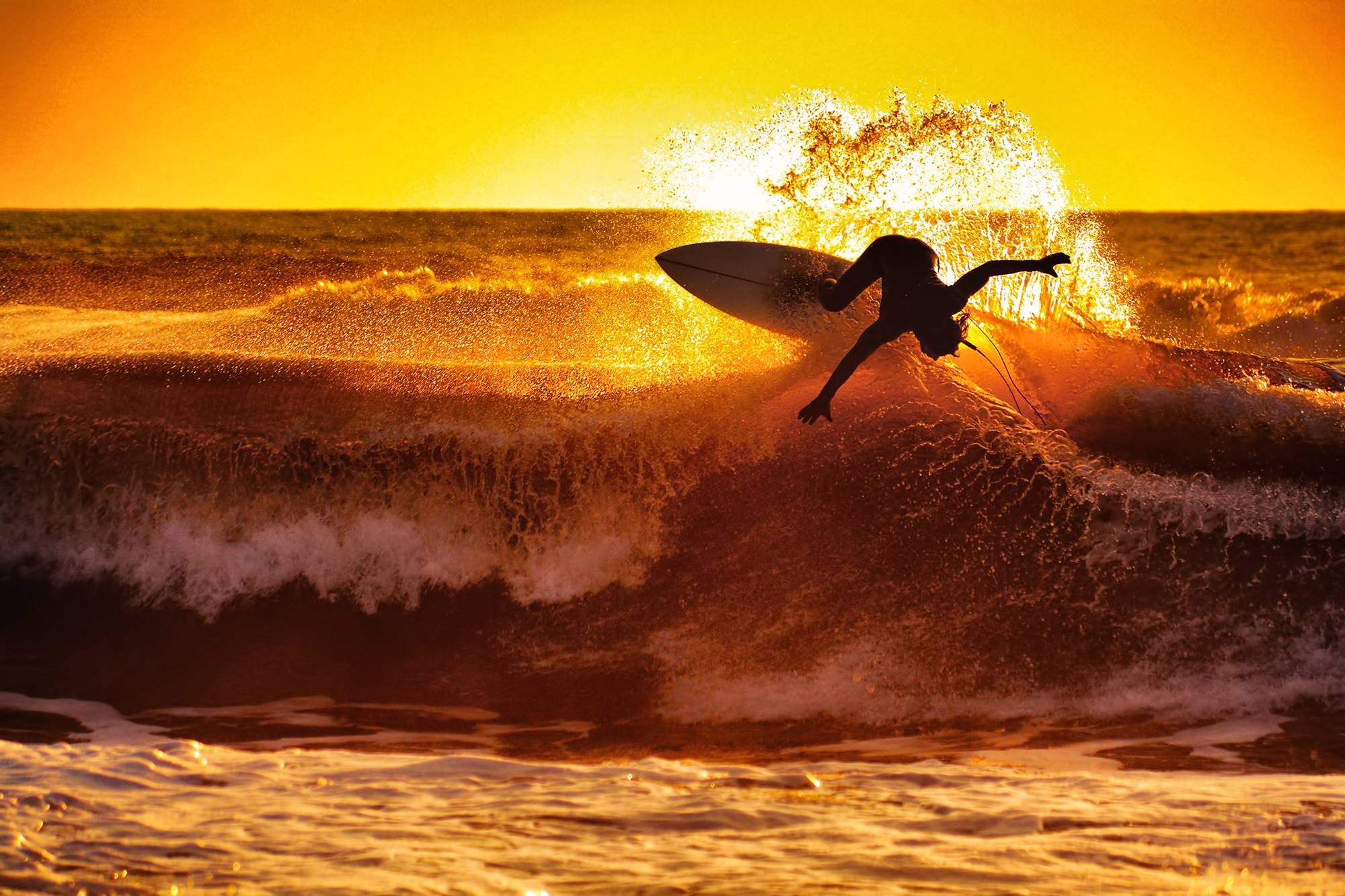 white surfboard, surfing, waves, sunset
