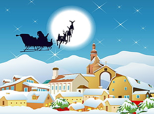 Silhouette of Santa Claus riding on reindeer carriage Christmas illustration