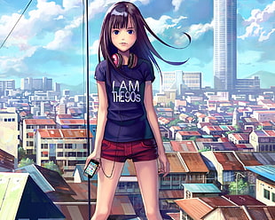 black haired female anime character with I Am the 90s t-shirt HD wallpaper