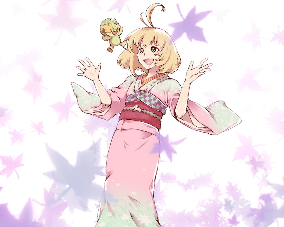 blonde hair female anime character wearing pink kimono digital wallpaper HD wallpaper