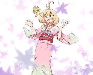 blonde hair female anime character wearing pink kimono digital wallpaper