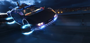 flying car digital wallpaper, car, fantasy art, futuristic, DeLorean