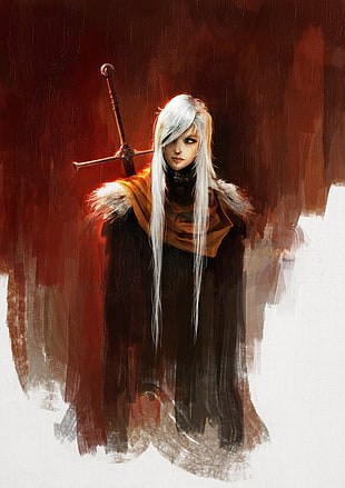 white haired person with sword illustration, warrior, fantasy art HD wallpaper