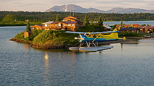 yellow and blue boat plane, airplane, aircraft, landscape, USA