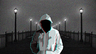 person wearing hoodie illustration, 3D, dark, night, black