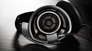 shallow focus photography of gray and black corded headphones