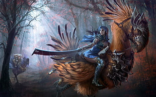 woman riding on bird illustration
