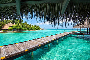brown and yellow wooden pathway, Maldives, resort, sea, beach HD wallpaper