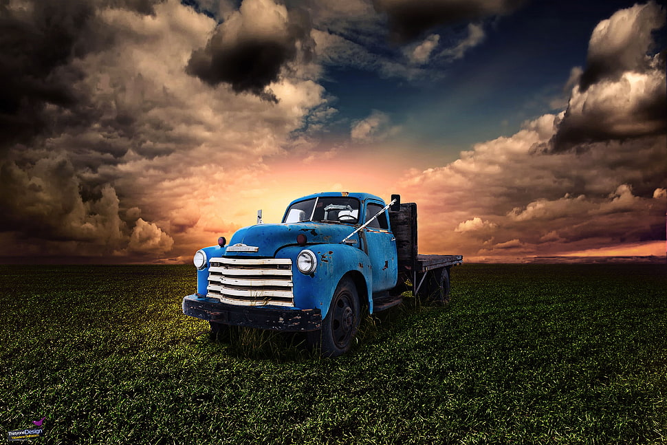 classic blue flatbed truck, trucks, ancient, landscape, sunlight HD wallpaper