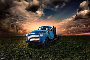 classic blue flatbed truck, trucks, ancient, landscape, sunlight