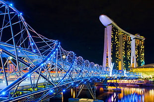 Marina Bay Sands, lights, bridge, Singapore, architecture HD wallpaper