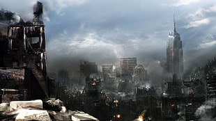 city building structure, city, building, apocalyptic, digital art HD wallpaper