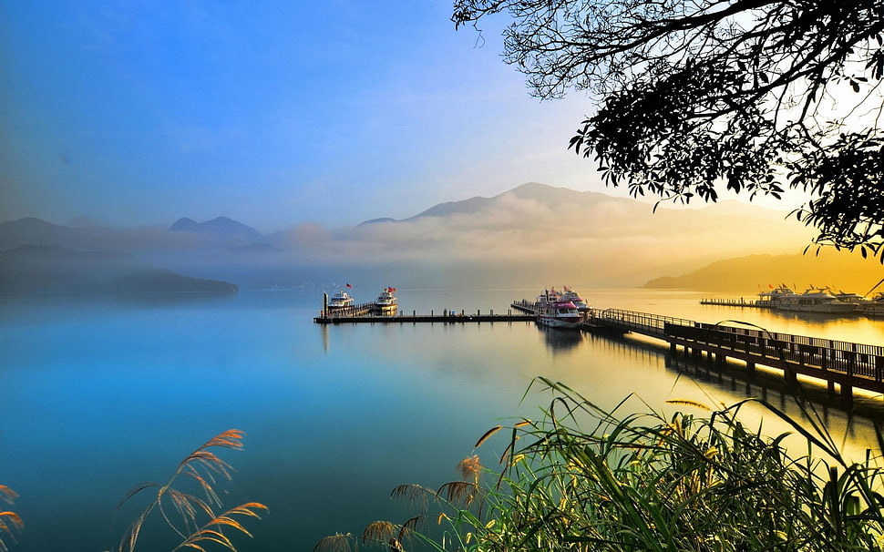 brown wooden dock, lake, nature, landscape, boat HD wallpaper
