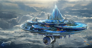 futuristic floating island graphic wallpaper, fantasy art, artwork, digital art, futuristic