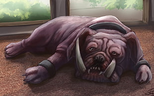 gray Bulldog lying on floor mat painting