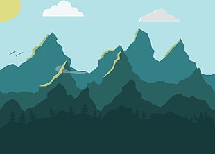 green mountain range illustration, Photoshop, landscape, mountains, birds