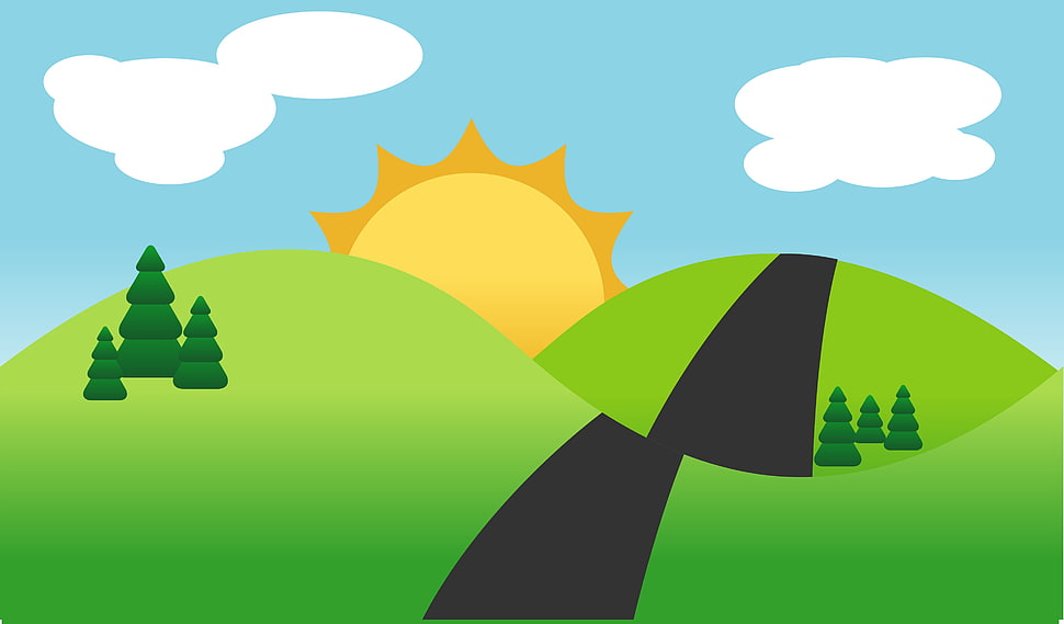 green mountain with sun and clouds illustration, Adobe Illustrator, artwork, landscape HD wallpaper