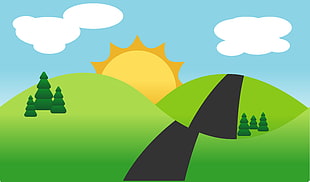 green mountain with sun and clouds illustration, Adobe Illustrator, artwork, landscape
