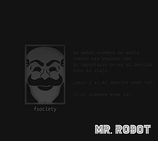 Mr. Robot illustration, hacking, phrase, black background, fsociety