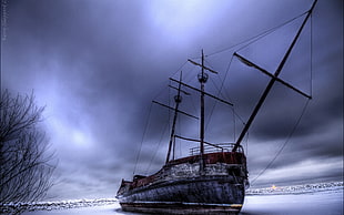 brown and gray ship, HDR, snow, ship, vehicle
