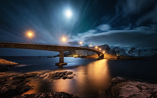gray concrete bridge, nature, landscape, night, bridge HD wallpaper